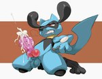 animal_genitalia animal_penis anthro balls blue_balls blue_body blue_fur bodily_fluids canine_genitalia canine_penis clenched_teeth cum cumshot ejaculation fur genital_fluids genitals knot male penis solo tail teeth darkluxia nintendo pokemon ditto_(pokemon) generation_1_pokemon generation_4_pokemon pokemon_(species) riolu