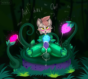 ambiguous_penetration anthro balls bell bell_collar blush bodily_fluids bound breasts collar cum erection fellatio genital_fluids genitals grass green_body gynomorph hair implied_transformation intersex leaf looking_at_viewer looking_pleasured moan open_mouth oral penetration penile penis plant restrained sex shaking spread_legs spreading tongue tongue_out trembling yellow_eyes xorza elemental_creature felid flora_fauna mammal 2022 digital_media_(artwork)