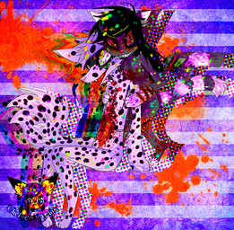 ambiguous_anthro ambiguous_gender anthro blood bodily_fluids breasts corpse featureless_breasts fur gore grin looking_at_viewer looking_up markings nude nude_anthro pattern_background pupils simple_background slit_pupils smile spiral spiral_eyes spots spotted_body spotted_fur stitch_(sewing) striped_background striped_markings striped_tail stripes tail tail_markings teeth tongue tongue_out wounded young young_anthro epilepsy_warning scramblecake 2012 digital_media_(artwork)