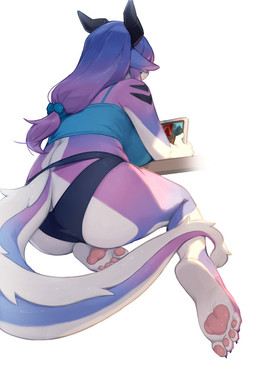 anthro big_breasts big_butt bottomwear breasts butt clothing ears_down feet female furgonomic_bottomwear furgonomics hair horn low-angle_view non-mammal_breasts pawpads picture_frame pivoted_ears purple_body purple_hair shirt simple_background solo tail tank_top thick_thighs topwear white_background wide_hips lcshian mythology lanya_(lcshian) dragon mythological_creature mythological_scalie scalie wingless_dragon hi_res