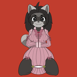 anthro big_diaper breasts clothed clothing diaper female fur grey_body grey_fur pink_straitjacket restraints solo straitjacket pamperedemii esmeralda_kingsley mammal procyonid raccoon absurd_res hi_res