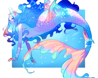 blue_eyes blue_hair convenient_censorship female hair hair_covering_breasts long_hair nude nude_female scales solo split_form underwater water bachikin aquatic humanoid_merfolk merfolk hi_res