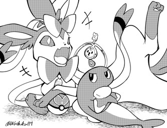 ambiguous_feral ambiguous_gender annoyed crossed_fins digitigrade dorsal_fin featureless_crotch feral fin group looking_at_another looking_back love_ball lying on_back on_side open_mouth pokeball simple_background white_background washikulm nintendo pokemon animate_inanimate aquatic eeveelution fish generation_6_pokemon generation_9_pokemon klefki pokemon_(species) sylveon tatsugiri tatsugiri_(droopy_form) 2023 greyscale hi_res monochrome