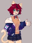 anthro astrological_symbol astronomical_symbol biped black_highlights blue_eyes bottomwear bow_tie clothed clothing eyewear glasses hair highlights_(coloring) inner_ear_fluff jupiter_symbol open_mouth pawpads planet_symbol power_symbol pupils red_hair sharp_teeth simple_background skirt solo symbol symbol-shaped_pupils tail_under_skirt teeth tuft unusual_pupils yoako aeiou_(yoako) domestic_cat felid feline felis mammal hi_res