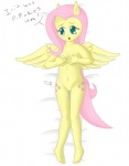 alternate_species anthro bed blush cutie_mark embarrassed feathered_wings feathers female furniture genitals green_eyes hair humanoidized lying nude open_mouth pink_hair pussy simple_background solo tail text white_background wings young young_anthro young_female anonjg friendship_is_magic hasbro my_little_pony fluttershy_(mlp) animal_humanoid humanoid mammal english_text hi_res