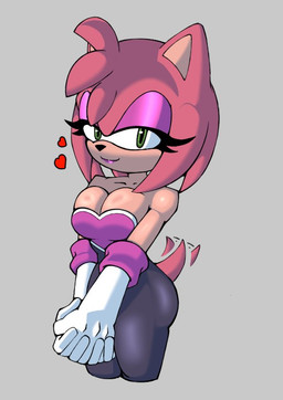 anthro armwear black_bodysuit black_clothing black_nose black_skinsuit bodysuit breasts cleavage clothed clothing cosplay elbow_gloves eyelashes eyeshadow female front_view fur gloves green_eyes grey_background handwear heart_symbol lipstick looking_at_viewer makeup navel_outline pink_body pink_eyeshadow pink_fur pink_lipstick simple_background skinsuit smile solo tail tail_motion tailwag tan_body tan_fur thick_thighs tight_clothing white_clothing white_gloves white_handwear wide_hips thecakeee sega sonic_the_hedgehog_(series) amy_rose rouge_the_bat eulipotyphlan hedgehog mammal