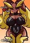 anthro big_breasts big_butt bite biting_lip black_sclera blonde_eyebrows blush breasts brown_body brown_fur bunny_costume butt clothing costume dialogue eyebrows female flirting flirting_with_viewer fur glistening glistening_breasts hand_on_chest heart_eyes heart_pupils heart_symbol horny_face huge_breasts latex_suit leotard pink_eyes simple_background slutty_face solo text thick_thighs wide_hips yellow_arms yellow_body yellow_ears yellow_fur yellow_legs cabimangaka game_freak nintendo pokemon generation_4_pokemon lagomorph leporid lopunny mammal pokemon_(species) rabbit absurd_res english_text hi_res shaded signature