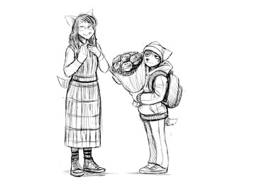 adolescent adult_on_adolescent age_difference aged_up anthro backpack beanie bouquet clothing eyewear female flower flower_bouquet glasses hat headgear headwear holding_bouquet holding_flower holding_object hoodie male male/female mature_anthro mature_female older_female plant student sweater sweater_vest teacher teacher_and_student topwear vest young young_anthro young_male younger_male hladilnik carol_(hladilnik) daniel_(hladilnik) canid canine canis domestic_dog mammal wolf 2025 hi_res monochrome sketch