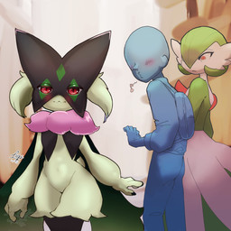 ambiguous_gender anthro blush group looking_back red_eyes trio lup_kanjo distracted_boyfriend nintendo pokemon anon felid feline gardevoir generation_3_pokemon generation_9_pokemon human mammal meowscarada pokemon_(species) 1:1 absurd_res hi_res meme