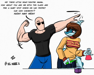 anthro bald blue_body bottomwear brown_hair chemistry clothed clothing crossgender dialogue duo eyewear featureless_face female hair humor looking_at_another male multicolored_body muscular muscular_male orange_clothing orange_sweater orange_topwear simple_background skirt sunglasses sweater text topwear two_tone_body white_background seven_(artist) cartoon_network cavemanon_studios hanna-barbera i_wani_hug_that_gator johnny_bravo_(series) scooby-doo_(series) anon benjamin_mcknight inco_(iwhtg) johnny_bravo velma_dinkley dinosaur hadrosaurid human mammal ornithischian ornithopod parasaurolophus prehistoric_species reptile scalie english_text