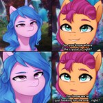 blue_hair dialogue female green_eyes hair horn narrowed_eyes purple_eyes purple_hair smile squint text marenlicious for_the_better_right? hasbro mlp_g5 my_little_pony mythology izzy_moonbow_(mlp) sunny_starscout_(mlp) earth_pony equid equine horse mammal mythological_creature mythological_equine pony unicorn 1:1 comic english_text hi_res meme