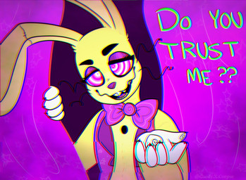 anthro asking asking_viewer big_ears black_eyebrows bow_(feature) bow_tie buckteeth claws clothed clothing curtains dialogue eyebrows eyelashes gloves half-closed_eyes handwear hypnosis hypnotizing_viewer inviting long_ears long_whiskers looking_at_viewer male mind_control multicolored_eyes narrowed_eyes open_mouth pink_eyes pink_tongue purple_eyelids purple_nose question question_mark raised_arm sharp_teeth smile solo stage_curtains standing talking_to_viewer teeth text tongue topwear vest whiskers white_eyes yellow_body yellow_ears yes-no_question candyxxxcorpse five_nights_at_freddy's five_nights_at_freddy's:_help_wanted fnaf_vr_help_wanted scottgames glitchtrap lagomorph leporid mammal rabbit 2020 english_text