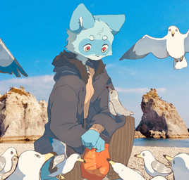 anthro anthro_focus beach biped black_clothing black_jacket black_topwear blue_body blue_fur clothing feral fur group jacket kemono kneeling male multicolored_eyes on_one_knee red_eyes sea solo_focus topwear water yellow_eyes neconuki avian bird gull lari larid mammal procyonid raccoon 2020 hi_res
