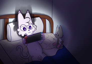 4_fingers anthro bed bed_sheet bedding bedroom blanket clothing coat dipstick_ears ear_markings eyelashes facial_markings facial_tuft fingers flaccid fur furniture gaming genitals gloves_(marking) glowing head_markings holding_object lab_coat lying male markings mattress multicolored_ears navel nude nudist on_back penis pillow plushie purple_body purple_fur shadow solo tail topwear tuft soder_cat nintendo nintendo_switch des_(soder_cat) link_fuzion_(soder_cat) domestic_cat felid feline felis mammal digital_media_(artwork) hi_res nonbinary_(lore)