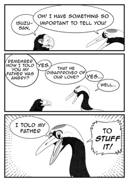 ambiguous_gender black_body black_feathers dialogue duo feathers feral simple_background speech_bubble text white_body white_feathers comixqueen akiko_(comixqueen) isuzu_(comixqueen) accipitrid accipitriform avian bird crane_(bird) eagle gruiform grus_(genus) red-crowned_crane sea_eagle steller's_sea_eagle 2025 black_and_white comic english_text hi_res monochrome female_(lore)