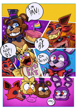 anthro bib cake clothing dessert dialogue female food gold_(metal) gold_tooth group hat headgear headwear lgbt_pride male top_hat badinater five_nights_at_freddy's lgbt_pride_month scottgames bonnie_(fnaf) chica_(fnaf) foxy_(fnaf) freddy_(fnaf) avian bear bird canid canine chicken fox galliform lagomorph leporid mammal phasianid rabbit robot_anthro comic hi_res