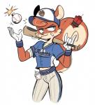 5_fingers anthro ball bandage baseball_(ball) baseball_(sport) baseball_bat baseball_cap baseball_uniform bat_(object) blue_eyes blush bomb cheek_tuft clothed clothing crop_top dog_tags dynamite explosives facial_tuft female fingers fully_clothed furgonomics gloves hair handwear hat headgear headwear humanoid_hands midriff naughty_face shirt short_hair simple_background solo sport sportswear standing tomboy toony topwear tuft uniform white_background beezii cherry_bomb_(beezii) mammal rodent sciurid 2019 digital_media_(artwork)