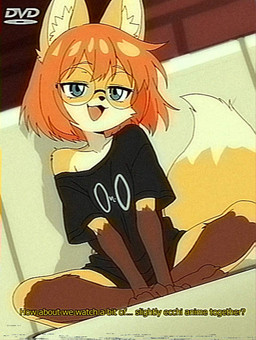 anthro bottomless clothed clothing crossed_legs cute_fangs dialogue dvd eyewear fangs female fluffy fluffy_tail furniture glasses green_eyes off_shoulder owo shirt shirt_only sofa solo t-shirt tail teeth topwear topwear_only vhs_artifacts vhs_filter lilkon yumi_(lilkon) canid canine fox mammal absurd_res hi_res