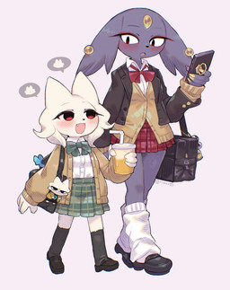 accessory alternate_universe anthro bell black_body black_clothing black_footwear black_fur black_jacket black_shoes black_socks black_topwear bottomwear bow_ribbon cellphone clothed clothed_anthro clothed_female clothing collared_shirt colored_nails container cup cute_fangs dress_shirt duo electronics eye_contact eyeshadow fangs female female_anthro fingernails floppy_ears footwear forehead_gem fur gem handbag happy holding_cellphone holding_container holding_cup holding_object holding_phone holding_smartphone jacket larger_anthro larger_female looking_at_another lop_ears makeup nails phone pleated_skirt plushie pointy_ears red_eyes red_eyeshadow school_uniform shirt simple_background size_difference skirt slim_anthro slim_female smaller_anthro smaller_female smartphone socks speech_bubble surprised teeth topwear uniform walking white_background white_body white_clothing white_footwear white_fur white_shirt white_socks white_topwear yellow_gem yellow_nails rikose nine_sols red_candle_games goumang_(nine_sols) heng_(nine_sols) yi_(nine_sols) felid feline mammal solarian 2025 chinese_description digital_media_(artwork) full-length_portrait pictographics portrait signature