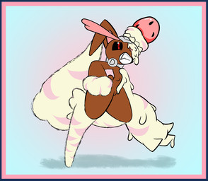 action_pose ambiguous_gender anthro black_sclera blue_background border brown_body brown_fur clenched_teeth cybernetics featureless_crotch floppy_ears food fruit fur gradient_background machine pink_background pink_body pink_border pink_fur pink_inner_ear plant pose red_eyes scut_tail shadow short_tail simple_background solo strawberry tail teeth white_body white_fur rakugaki_(artist) nintendo pokemon merengue_(rakugaki) alcremie cyborg food_creature generation_4_pokemon generation_8_pokemon hybrid lopunny pokemon_(species) strawberry_sweet_alcremie vanilla_cream_alcremie