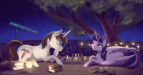 book brown_hair chess cutie_mark duo eyewear feathers female feral fur glasses hair hooves horn lamp lantern lying night nude outside plant purple_body purple_feathers purple_fur purple_hair sky smile star starry_sky telescope tree wings dvixie friendship_is_magic hasbro my_little_pony mythology fan_character twilight_sparkle_(mlp) equid equine mammal mythological_creature mythological_equine unicorn winged_unicorn