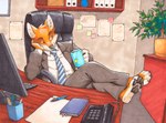 anthro black_eyes black_nose black_pawpads blue_cup book bottomwear brown_claws brown_eyebrows chair claws clothed clothing coffee_mug computer_keyboard computer_monitor container cup desk electronics eyebrows feet_up fur furniture grey_clothing grey_suit holding_container holding_cup holding_object inner_ear_fluff keyboard looking_away male necktie office office_chair on_chair orange_body orange_fur pants paper pattern_necktie pawpads phone plant plant_pot post-it_note potted_plant shirt sitting sitting_on_chair solo striped_necktie suit suit_and_tie suit_jacket table topwear tuft whiskers white_body white_clothing white_fur white_shirt white_topwear window ango76 canid canine fox mammal 2020