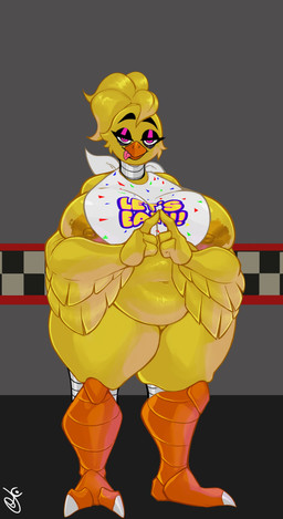 anthro areola avian_feet beak bib big_breasts blotchy_areola breasts brown_areola brown_nipples eye_bags eyelashes feathers featureless_crotch female front_view glistening_eyelids head_feathers head_tuft huge_breasts long_eyelashes looking_at_viewer machine navel nipple_dip nipples nude overweight overweight_female purple_eyes scuted_legs scutes solo tongue tongue_out tuft winged_arms wings yellow_body yellow_feathers dustyjcircus five_nights_at_freddy's scottgames chica_(fnaf) animatronic avian bird chicken galliform phasianid robot absurd_res hi_res
