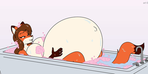 anthro bath bathtub belly big_belly brown_hair copyright_symbol female fur hair hand_on_belly huge_belly hyper hyper_belly multicolored_body multicolored_fur navel nipple_outline orange_body orange_fur outie_navel solo suds symbol two_tone_body two_tone_fur water wet satsumalord ashley_(satsumalord) canid canine fox mammal red_fox true_fox 2026 digital_media_(artwork) hi_res