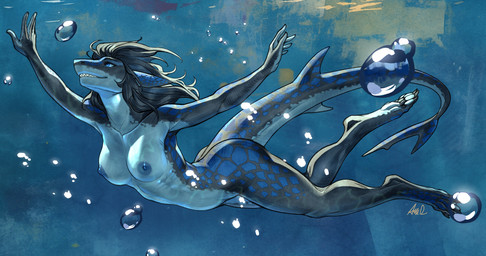 5_fingers anthro black_body blue_eyes blue_spots breasts claws female fin fingers hair long_tail medium_breasts nipples non-mammal_breasts non-mammal_nipples nude nude_anthro nude_female pawpads solo spots swimming tail tail_fin teeth toe_claws underwater water white_body ama_dench_art raine_(alphasoldier) aquatic fish shark 2025 digital_media_(artwork) hi_res signature