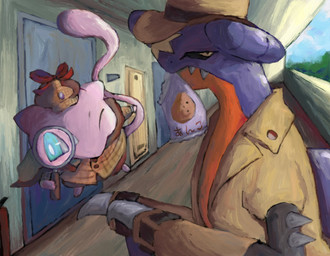 ambiguous_gender anthro apartment_building bag blue_eyes claws clothing coat cookie cowboy_hat detective detective_hat duo fangs feral floating food front_view hat headgear headwear holding_in_mouth holowear_(pokemon) long_tail looking_at_viewer magnifying_glass markings narrowed_eyes outside pink_body purple_body red_markings sharp_teeth side_view tail teeth topwear trenchcoat yellow_eyes panha_pkmn nintendo pokemon pokemon_unite detective_style_mew stakeout_style_garchomp garchomp generation_1_pokemon generation_4_pokemon legendary_pokemon mew_(pokemon) pokemon_(species) 2025 digital_media_(artwork) digital_painting_(artwork) hi_res japanese_description painting_(artwork)