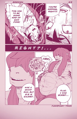 anthro anthro_pred bodily_fluids covered_eyes dialogue disbelief femboy hair human_prey internal larger_pred long_hair male male/male male_pred male_prey open_mouth pecs saliva sitting size_difference teeth text vore brightsidedown funkspunky human mammal scalie comic english_text hi_res