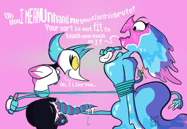 anthro balls big_penis bodily_fluids bound dialogue duo erection female genital_fluids genitals gynomorph intersex intersex/female machine penis precum restrained water whip gingersnaps_(artist) deltarune undertale_(series) miss_mizzle tasque_manager elemental_creature mizzle_(deltarune) robot water_creature hi_res