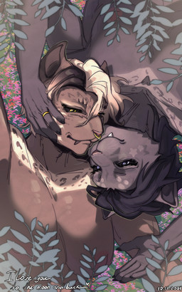 anthro anthro_on_anthro black_hair blonde_hair blue_eyes brown_body brown_fur brown_hair duo fangs fur glistening glistening_eyes gradient_hair grey_body grey_fur hair lying male male/male mouth_closed muscular muscular_anthro muscular_male muscular_on_muscular narrowed_eyes on_back pecs romantic short_hair teeth whiskers yellow_eyes cobu felid mammal 2024 absurd_res dated hi_res