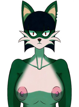 admiral_sabrina_chama anthro black_hair breasts female fur green_body green_fur hair looking_at_viewer nipples notched_ear nude nude_anthro red_eyes short_fur solo white_body white_fur kamen_galaxy canid canine fox mammal
