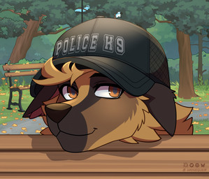 anthro baseball_cap bench clothing detailed_background fur grass hat headgear headwear looking_at_viewer outside plant smile solo text text_on_baseball_cap text_on_clothing text_on_hat text_on_headwear toony tree trucker_hat hainequem canid canine mammal hi_res