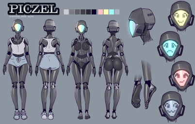 5_fingers 5_toes bottomwear breasts butt clothing emoji feet female fingers footwear grey_background grey_body hotpants machine metallic_body not_furry screen screen_face shirt shoes shorts simple_background sneakers solo tank_top text toes topwear marmalademum piczel humanoid robot model_sheet signature