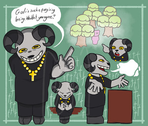 2_horns 5_fingers ambiguous_gender anthro biped bodily_fluids clothed clothed_anthro clothing cross cross_necklace duo fingers fur gesture grey_body grey_fur grin hand_gesture horn jewelry looking_at_viewer mouth_closed multiple_poses necklace open_mouth open_smile plant pointing pointing_at_another pose praying priest priest_robes religion sitting smile solo speech_bubble standing sweat sweatdrop text tree yellow_sclera ericanine animal_crossing christianity nintendo two_soyjaks_pointing bel_(animal_crossing) fan_character bovid caprine mammal sheep 2025 digital_drawing_(artwork) digital_media_(artwork) english_description english_text watermark male_(lore)