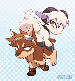 butt countershade_torso countershading duo feet feral front_view fur hair hooves horn male simple_background smile tail toes toony seyumei bovid canid canine canis caprine domestic_dog goat mammal 2026 animated digital_drawing_(artwork) digital_media_(artwork)