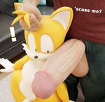 anthro balls big_penis clothing dialogue exclamation_point genitals grabbing_hair looking_at_genitalia looking_at_penis male male/male penis penis_poking_out penis_through_fly size_difference smaller_male teapot_(body_type) aidenz sega sonic_the_hedgehog_(series) miles_prower canid canine fox human humanoid mammal 2025 3d_(artwork) absurd_res digital_media_(artwork) hi_res