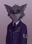 air_force anthro badge blue_eyes clothing looking_at_viewer male military military_uniform necktie simple_background solo suit uniform famished_(artist) united_states_air_force hamilton_(famished) canid canine fox grey_fox mammal urocyon hi_res