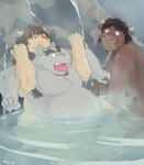 anthro armpit_hair bathing belly body_hair facial_hair group horn humanoid_hands kemono male moobs nipples overweight overweight_male water train_(artist) bovid bovine cattle felid lion mammal pantherine rhinoceros 2014