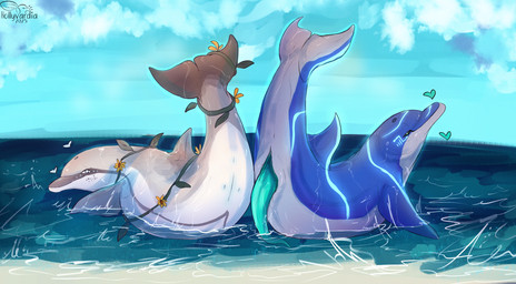 animal_genitalia animal_penis animal_vulva anus beach blowhole blue_body blue_penis blue_sky brown_body cetacean_genitalia cetacean_penis cetacean_vulva closed_smile cloud day detailed_background dorsal_fin duo erection female female_feral feral fin flippers flukes genital_slit genitals glowing glowing_markings grey_body heart_symbol looking_at_viewer male male_feral mammary_slits markings mouth_closed multicolored_body narrowed_eyes outside partially_submerged penis plant presenting presenting_penis presenting_vulva raised_tail sand sea shallow_water sky smile tail tail_fin tan_body tapering_penis text vines vulva water wet white_body hollyvardia alamoya_(hollyvardia) koliki_(saber15) cetacean dolphin mammal marine oceanic_dolphin toothed_whale 2025 artist_name dated hi_res