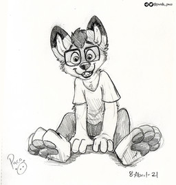 anthro bottomwear clothed clothing dipstick_ears ear_markings eyewear fangs front_view glasses happy logo looking_at_viewer male multicolored_ears open_mouth open_smile pants rectangular_glasses shirt simple_background sitting smile solo t-shirt teeth topwear young young_anthro young_male pandapaco canid canine mammal 2021 artist_logo dated monochrome signature sketch
