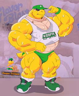 anthro barazoku baseball_cap belly biceps big_muscles bodily_fluids bottomwear bulge clothed clothing coach deltoids eyewear facial_hair footwear frown hat headgear headwear hotpants huge_muscles male manly midriff musclegut muscular muscular_anthro muscular_male nipple_outline pecs plantigrade quads shadow shirt shoes shorts simple_background socks solo standing stubble sunglasses sweat sweat_stain tank_top text text_on_clothing text_on_shirt text_on_tank_top text_on_topwear thick_arms thick_thighs topwear triceps wet wet_body wet_clothing wristband dumbandgreen mario_bros nintendo koopa_troopa_(runner) koopa koopa_troopa reptile scalie turtle 2025 absurd_res english_text hi_res reference_image