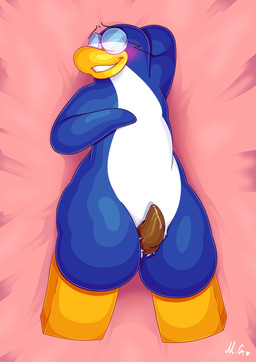 anthro beak blue_body blush dakimakura eyewear eyewear_only flippers genitals glasses glasses_only lying male multicolored_body nude nude_anthro nude_male on_back penis solo tapering_penis teeth two_tone_body wearing_glasses white_body midnight_glacier club_penguin gary_the_gadget_guy avian bird penguin 2026 absurd_res dakimakura_design hi_res