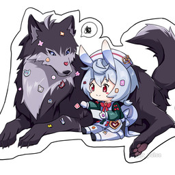 black_body black_fur blue_eyes blue_hair chibi clothing curled_tail duo female feral feralized fur hair hat headgear headwear horn male nurse nurse_clothing nurse_hat nurse_headwear red_eyes simple_background smile sticker tail white_background jrpuls3 genshin_impact mihoyo sigewinne_(genshin_impact) wriothesley_(genshin_impact) animal_humanoid aquatic aquatic_humanoid canid canine canis humanoid mammal melusine_(genshin_impact) wolf 1:1 absurd_res hi_res