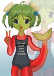 clothing female fin one-piece_swimsuit pigtails smile solo swimwear tail tail_fin text text_on_clothing alunka salmon_girl_(alunka) animal_humanoid fish fish_humanoid humanoid marine marine_humanoid salmon salmon_humanoid salmonid_(fish) sockeye_salmon english_text