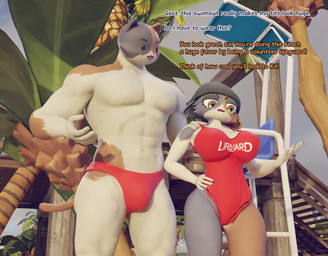 anthro beach beanie big_breasts breasts bulge clothed clothing curvy_figure dialogue duo ear_piercing ear_ring female fish_hook fish_hook_piercing hand_on_shoulder hat headgear headwear hook lifeguard lifeguard_chair lifeguard_swimsuit looking_down male muscular muscular_male one-piece_swimsuit palm_tree pier piercing plant ring_piercing size_difference speedo swimwear text thick_thighs topless topless_male tree voluptuous wide_hips daemont92 epic_games fortnite meow_skulls meowscles domestic_cat felid feline felis mammal 3d_(artwork) blender_(artwork) digital_media_(artwork) english_text hi_res brother_(lore) brother_and_sister_(lore) sibling_(lore) sister_(lore)