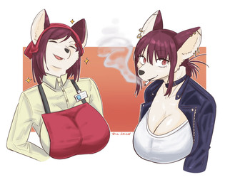 anthro apron big_breasts breasts clothing female hair huge_breasts jacket long_hair solo topwear transformation zincx canid canine canis domestic_dog mammal hi_res