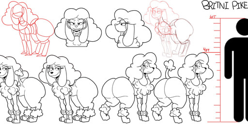 4_legs big_butt black_text butt chart ear_piercing ear_ring female feral frown hair height_chart huge_butt huge_hips long_hair piercing red_text ring_piercing simple_background smile solo text white_background wide_hips existimatio britni_pike canid canine canis domestic_dog mammal poodle hi_res model_sheet